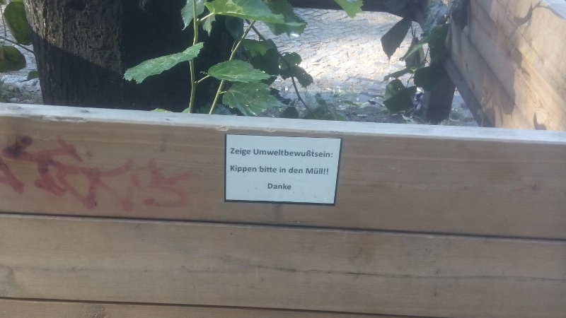 Berliner Straßenbaum mit Warnung: Kippen in den Müll, Rauchen gefährtdet die Gesundheit