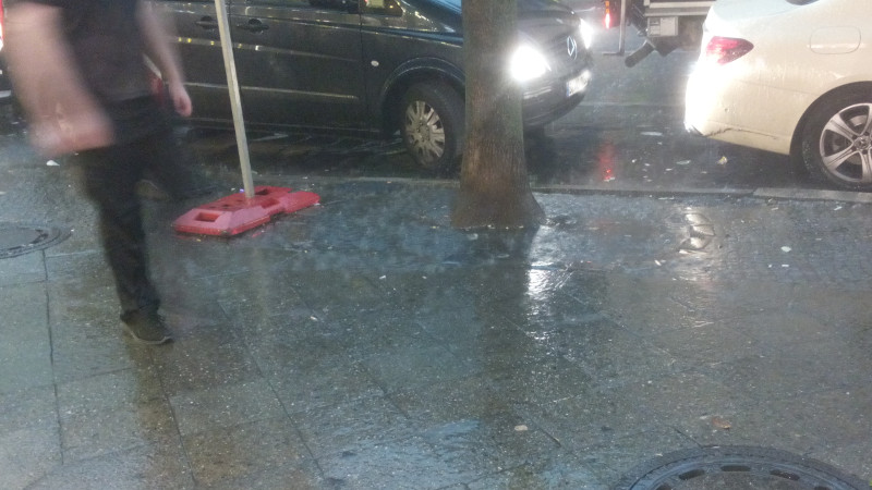 Platzregen im Sommer in Berlin gießt den Straßenbaum