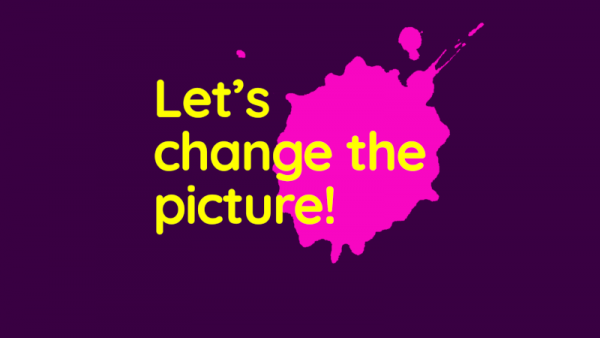 Logo von Let's change the picture, dunkellila Hintergrund, gelbe Schrift, ein pinker Farbkleks