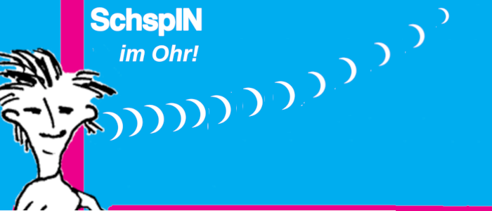 Das Logo von SchspIN im Ohr. eine gezeichnete weibliche Figur in schwarzweiß vor blauem Hintergrund, sie sendet Wellen aus